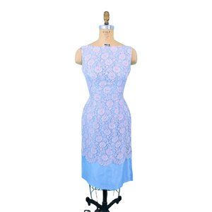Vintage 1950s Pink Blue Lace Sheath Cocktail Dress | W 25"